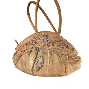 Emily Ann Hand Painted Leather Butterfly Floral Shoulder Bag Vintage 80’s Boho